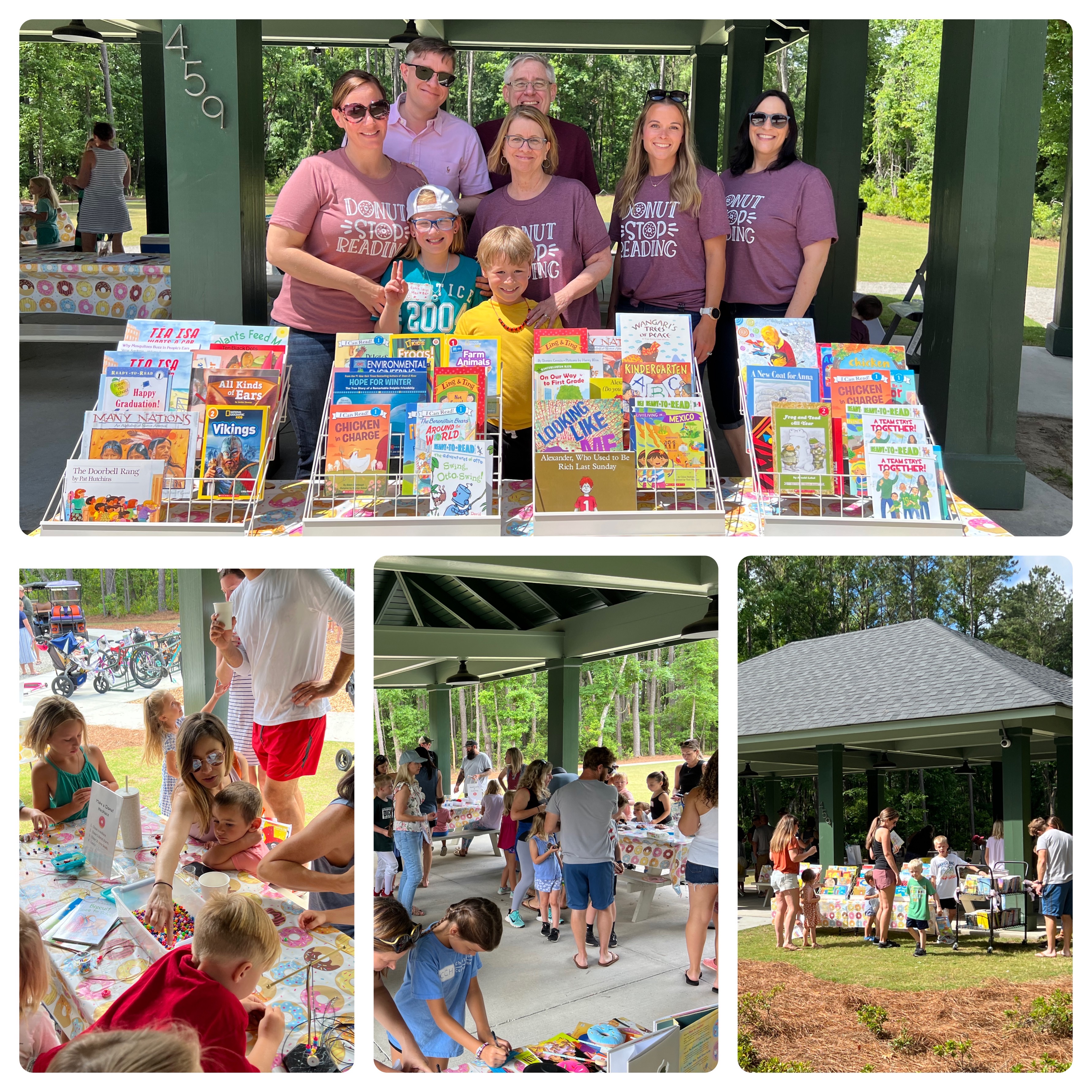 Volunteers and families at Donut Stop Reading in Nelliefield Park